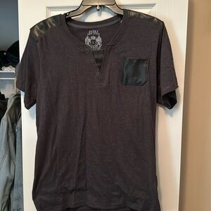 Casual charcoal gray tee with leather-like accents